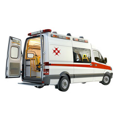 Ambulance with open doors, interior view showing medical equipment, ready for emergency response on white background.