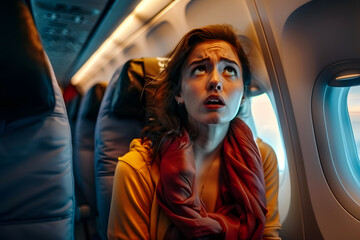 Fearful woman traveling by airplane. Young woman feeling terrified while traveling by plane