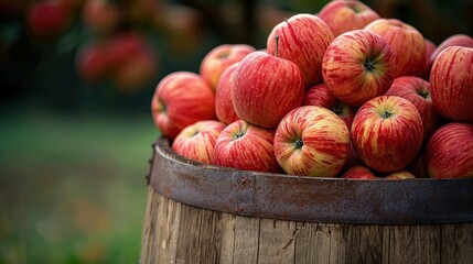 A wooden barrel of apples in an orchard