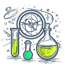 Doodle of an atomic symbol next to the clock and test tube with green liquid, in the style of a vector illustration, simple design