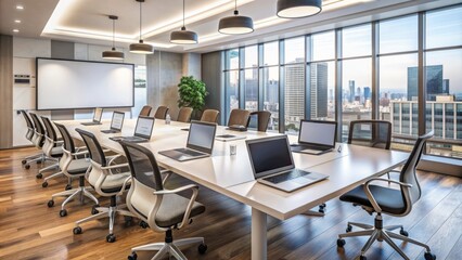 Modern meeting room with diverse empty chairs facing a large blank white screen, desks equipped with laptops and headphones, representing global online business collaboration.