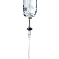 Close-up of an IV drip set with a clear fluid bag, used for medical treatments, hydration, and intravenous therapies in healthcare settings.