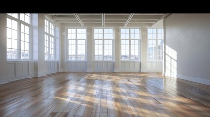 Fototapeta premium Close-up of an empty studio room with wooden floors and high ceilings.