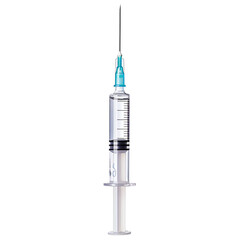 High-quality image of a medical syringe filled with liquid, isolated on a white background, perfect for healthcare and vaccination themes.