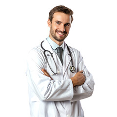 Smiling young doctor in white coat with stethoscope, displaying confidence and professionalism. Medical professional portrait.