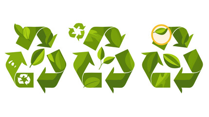 Obraz premium Three Green Recycle Symbols With Leaf Decorations