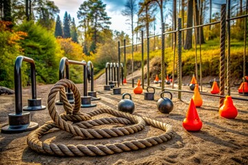 Rugged outdoor terrain serves as the backdrop for a abandoned fitness equipment including battle ropes, kettlebells, and cones, conveying a sense of intense physical training.