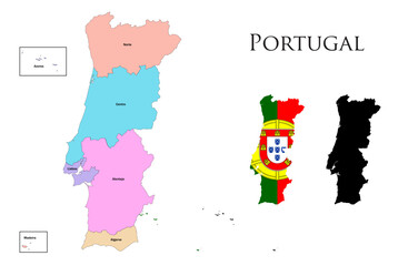 Portugal administrative divisions. Portugal flag and map illustration vector.