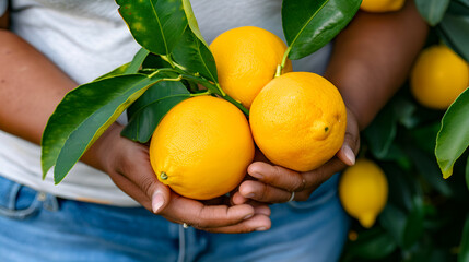 African woman's hands holding freshly picked yellow lemons in an orchard.