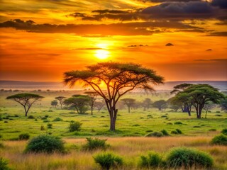 Vibrant orange sunrise casts a warm glow over a serene African savannah, with acacia trees dotting the lush green grassy landscape, void of human presence.