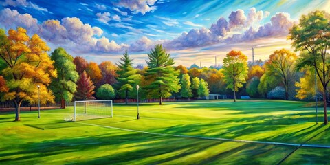Naklejka premium Vibrant acrylic painting of a serene park scene with a deserted football field, surrounded by lush green trees and a sunny blue sky.