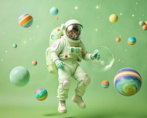 Naklejka premium painting of an astronaut in in a colorful bubbles galaxy on a different planet splash. Generative AI.