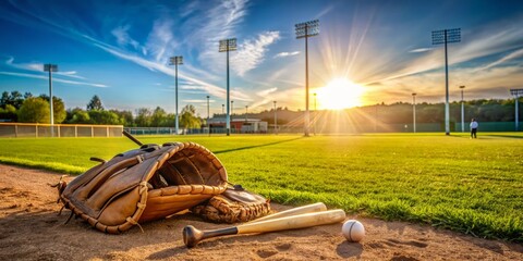 Empty baseball field under a sunny sky with freshly cut grass, baseball gloves, and bats scattered around,awaiting the arrival of young athletes for practice.