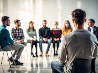 Anonymous individual sits among blurred figures in a support group, backs and silhouettes only, emphasizing shared struggles and collective healing process.