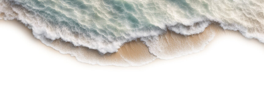 Top view of ocean waves gently lapping onto a sandy beach, creating a serene coastal scene, isolated on transparent background 