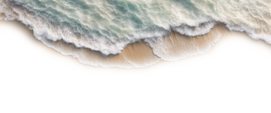 Top view of ocean waves gently lapping onto a sandy beach, creating a serene coastal scene, isolated on transparent background 