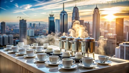 A refreshment table with steaming cups, saucers, and plates, surrounded by empty chairs, at a corporate event, with a blur of city skyline in the background.