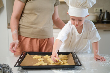 A woman and a child are making cookies together