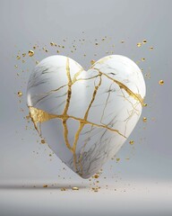 A white marble heart with golden cracks, symbolizing the beauty in imperfection, surrounded by golden splashes in a minimalistic and elegant artistic style. Creative love and passion concept.