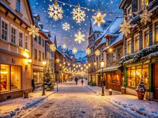 Snowflakes gently fall on a quiet European street lined with festive lights and quaint shops, capturing the essence of winter wonderland's magical atmosphere.