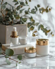 Luxury skincare display on a marble background with ample copy space, elegant and high-end design