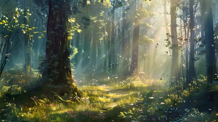 Obraz premium Enchanting forest clearing with dappled sunlight filtering through dense trees, creating a serene and magical ambiance. 