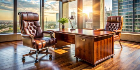 A polished wooden desk with modern chair in a sleek, sunlit office, featuring a pair of empty leather executive chairs, awaiting a crucial business deal.