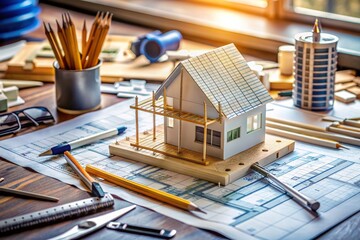 Detailed architectural blueprint lies on a cluttered desk surrounded by architect equipment, scales, and pencils, with a miniature model of a building in the background.