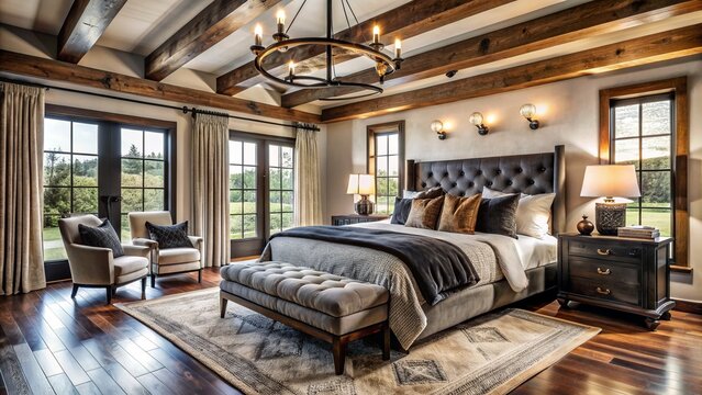 Elegant bedroom boasting rich black accents, plush velvet bedding, and rustic wooden beams, evoking luxury farmhouse charm and sophistication.