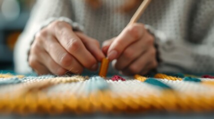 Obraz premium Close-up view of a person's hands engaged in a crochet project, using colorful yarn. The image highlights the detailed craftsmanship and focus required in creating the yarn art.