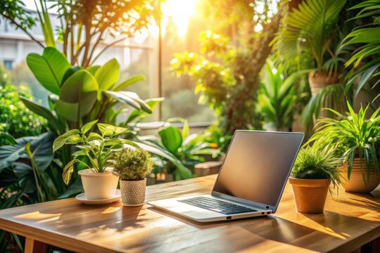 Serene laptop workspace bathed in warm sunlight, surrounded by lush green plants, evoking feelings of productivity and peaceful remote work environments.