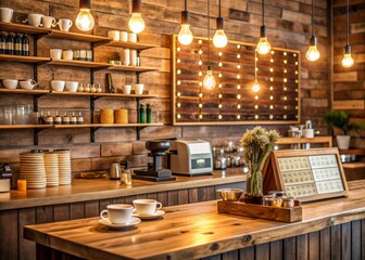 Cozy coffee shop interior with warm lighting, wooden decor, and a loyalty rewards board displaying stamps and rewards on a rustic wooden counter background.