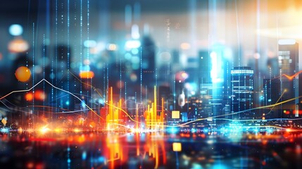 Obraz premium Cityscape at night with dynamic financial data visualizations over urban backdrop