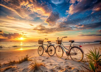 Fototapeta premium Warm afternoon sunshine casts a golden glow on a serene beach scene, featuring abandoned bicycles and a picturesque sunset backdrop with soft pastel hues.