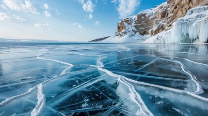 Winter landscape of frozen Baikal Lake featuring white cracks on the blue ice surface