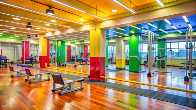 Vibrant empty fitness studio with exercise equipment, mirrors, and modern interior design, awaiting energetic participants for a lively workout session, bright colors abound. - Powered by Adobe