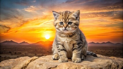 Obraz premium Grumpy kitten sitting on a rock with desert sunset background, kitten, grumpy, rock, desert, sunset, backdrop, breathtaking, adorable