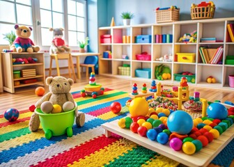Vibrant toys and learning materials scattered around colorful rug, balls, blocks, and stuffed animals create a cheerful atmosphere in a well-organized kindergarten play area.