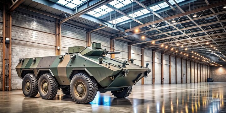 Armored personnel carrier parked in a military facility , military, vehicle, defense, army, transportation, combat, camouflaged