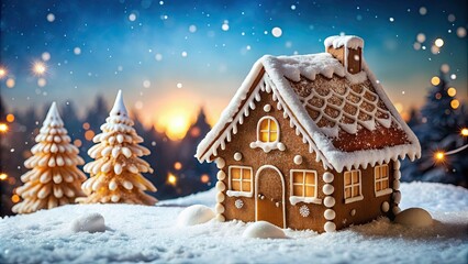 Gingerbread house covered in snow in a winter wonderland , Christmas, festive, holiday, baking, delicious, sweet, gingerbread