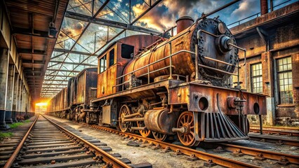 Rusty train on tracks in industrial ruin, symbolizing bygone era of metal giants, abandoned, decay, nostalgia