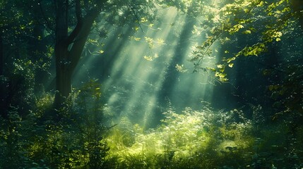 Obraz premium Enchanting forest clearing with dappled sunlight filtering through dense trees, creating a serene and magical ambiance. 