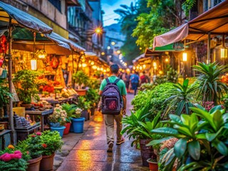 Obraz premium Vibrant outdoor market scene in Khaosan Road Bangkok, colorful stalls, neon lights, street food, and tropical plants surrounding a worn travel backpack.