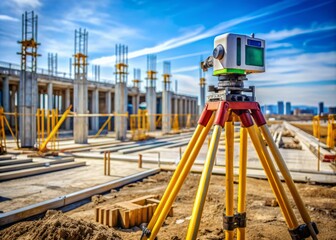 Laser levelling measurement equipment stands alone on a construction site, surrounded by tripods and tools, conveying precision and innovation in civil engineering projects.