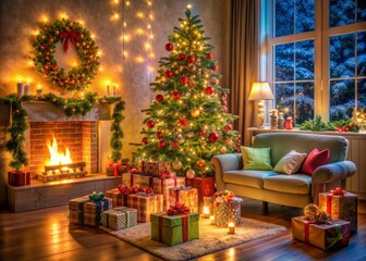 Fototapeta premium Cozy living room with festive lights, decorated Christmas trees, and piles of colorful gift boxes on Christmas Eve, conveying joyful holiday atmosphere.