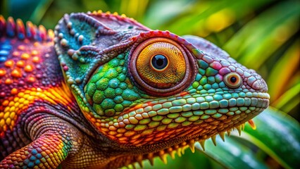Vibrant close-up of a colorful chameleon's intricate scales, showcasing its remarkable color-changing ability, set against a lush tropical background.