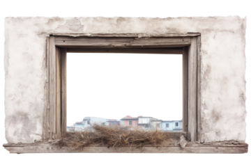 Weathered wooden window with a bird's nest perched on its sill, capturing a glimpse of a vibrant cityscape, isolated on white background