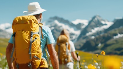 Fototapeta premium A group of adventurers hike through a scenic mountain landscape, their journey taking them through vibrant, blooming meadows with snowy peaks in the distance.