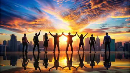 Fototapeta premium Silhouetted urban landscape at sunset, featuring a unified group absent in the frame, evoking teamwork, success, and harmony amidst an illuminated city's vibrant backdrop.