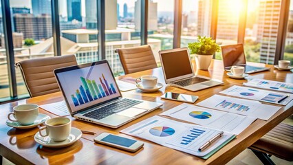 Fototapeta premium Modern office table with laptops, notebooks, and coffee cups surrounded by graphs, charts, and financial reports, symbolizing business planning and strategic discussion.